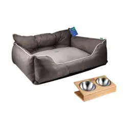 Cama Para Mascota 65x50x20cm Marrón + Comedero Doble De Acero En Bambú