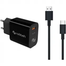 Nubbeh Cargador Pared Bhoot USB + USB-C PD 3.0 30W + Cable USB a USB-C Silicona Líquida 60W Negro