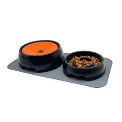 IntiMeg Juego de comederos de alimentación lenta perros gatos + alfombrilla - Fregadero doble redondo + alfombra