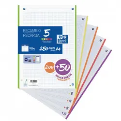 Oxford 250 Folios A4 de Recambio Retractilado para Carpeta de Anillas 5 Colores