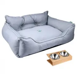Cama Para Mascota 90x70x28cm Gris + Comedero Doble De Acero En Bambú