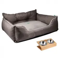 Cama Para Mascota 90x70x28cm Marrón + Comedero Doble De Acero En Bambú