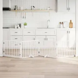 Puerta Para Perros Plegable 4 Paneles Madera Álamo Blanca 320cm