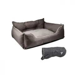 Cama Para Mascota 50x40x18cm Marrón + Abrigo Negro Para Mascotas 25cm