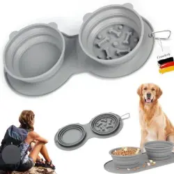 HausPets Comedero doble retráctil silicona perros/gatos, prueba ingestión - Gris claro