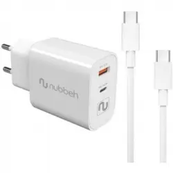 Nubbeh Bhoot Cargador Pared USB/USB-C PD 3.0 30W + Cable CC Silicona Líquida 60W Blanco