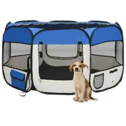 Parque De Perros Plegable Y Bolsa Transporte Azul 125x125x61cm