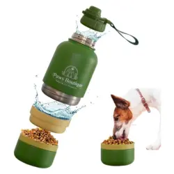 The Paws Boutique Botella de Agua para Perros 3 en 1: Bebedero Portátil de Acero Inoxidable 950 ml, Compartimento para Comida y Cuenco Extra Desmontable – Antifugas, Libre de BPA – Ideal para Viajes y Paseos - 1 l