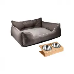 Cama Para Mascota 50x40x18cm Marrón + Comedero Doble De Acero En Bambú