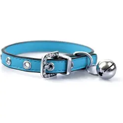 HausPets Collar de piel suave cascabel, 17-22 cm - Gato, gatito, azul claro - Azul Una unidad XS/7 Una unidad 9"