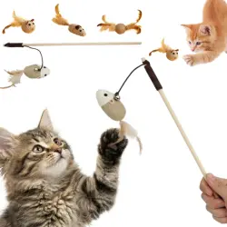 The Paws Boutique Set Premium de 4 Piezas Resistentes para el Ingenio y Entretenimiento de Mascotas | s Interactivos para Gatos y Gatitos | Kit de Estimulación con Caña o Varita de Madera Natural y Plumas - 41 x 8,5 x 3 cm