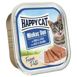 Happy Cat Minkas Duo Bocaditos en cuenco de paté - Vacuno y salmón 16 x 100 g