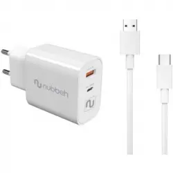 Nubbeh Cargador de Pared Bhoot USB + USB-C PD 3.0 30W + Cable USB a USB-C Líquida 60W Blanco