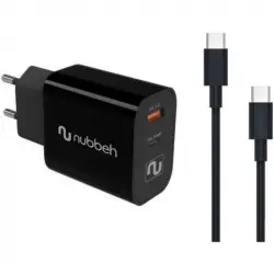 Nubbeh Cargador Pared Bhoot USB + USB-C PD 3.0 30W + Cable CC Silicona Líquida 60W Negro