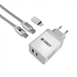 Subblim Cargador Ultra Rápido 2xUSB PD25W + QC3.0 + Cable USB-C + Lightning Blanco