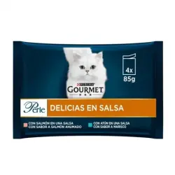 Gourmet Perle Delicias en Salsa Comida Húmeda para Gatos Con Salmón y Atún, 48 x 85 gr