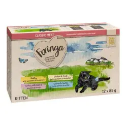 Feringa Classic Meat Menu Kitten en bolsitas 12 x 85 g - Pack mixto 2: Ave, Pavo y conejo, Poloo y trucha, Salmón y pavo