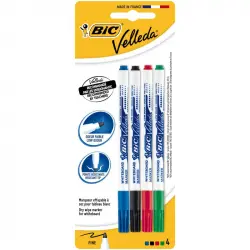 BIC Velleda Rotuladores para Pizarra Blanca Punta Fina, 4 Colores: Negro, Azul, Rojo y Verde