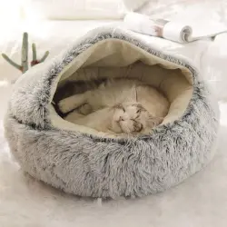 HausPets Cama redonda felpa gatos perros, capucha invierno, lavable - Artículo 1