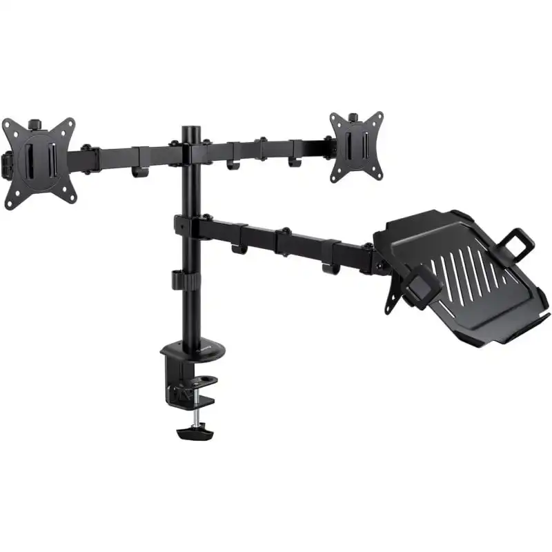 TooQ Soporte de Mesa para 2 Pantallas 17-32" y Bandeja para Portátil Negro