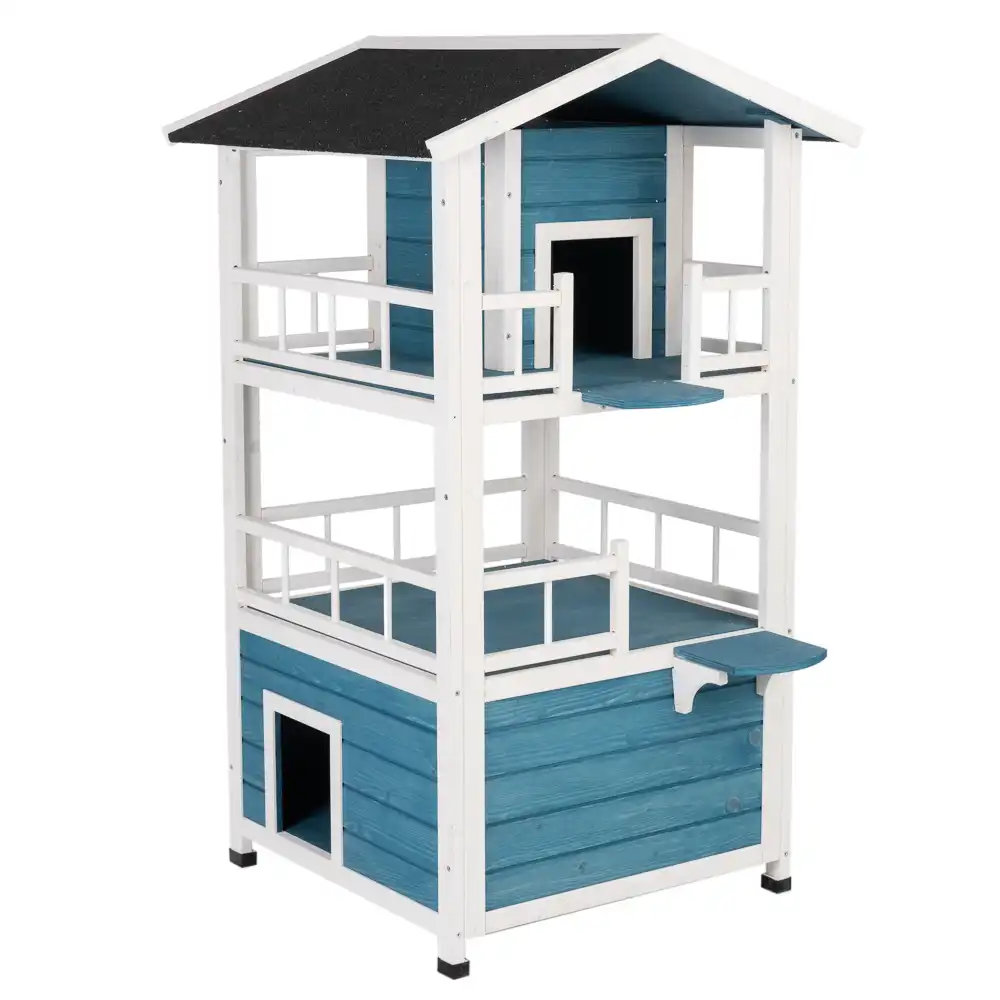 Casita Penthouse para mascotas - 72 x 72 x 124 cm (L x An x Al) - azul / blanco