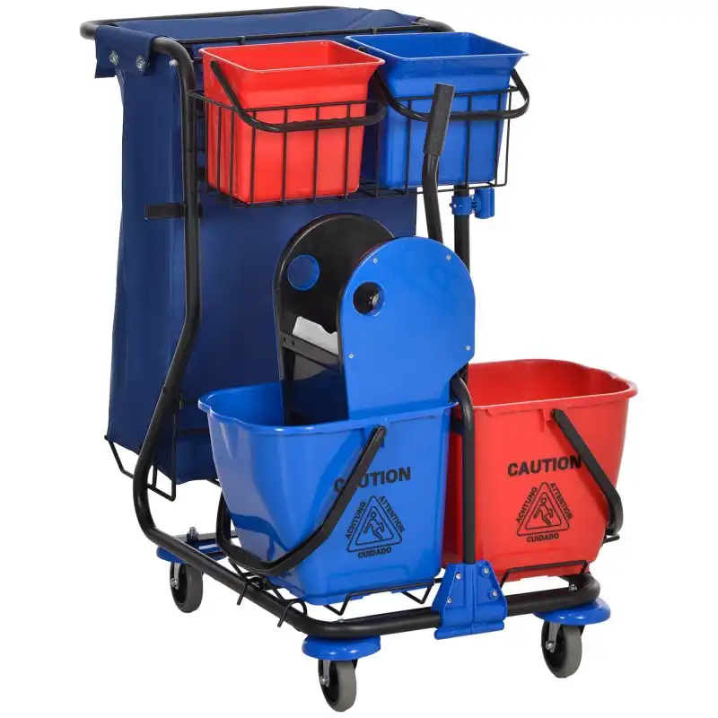 Homcom Carro de Limpieza con Bolsa de Basura Cubos 93x80x97cm Rojo/Azul