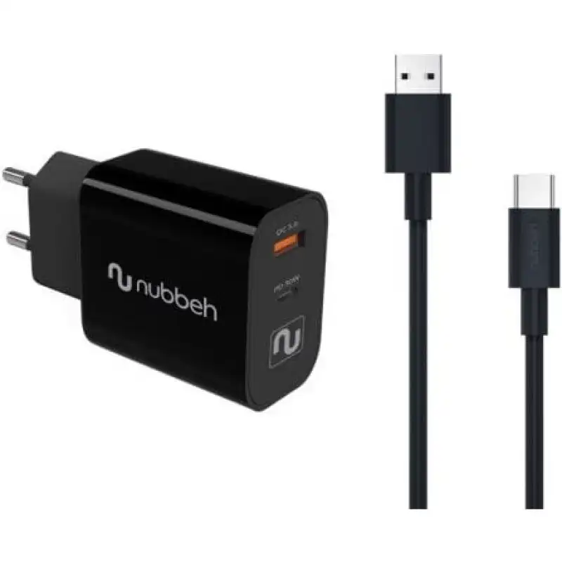 Nubbeh Cargador Pared Bhoot USB + USB-C PD 3.0 30W + Cable USB a USB-C Silicona Líquida 60W Negro