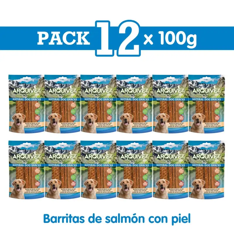 Barritas de salmon con piel 100g Snack para perros, Unidades 12 unidades