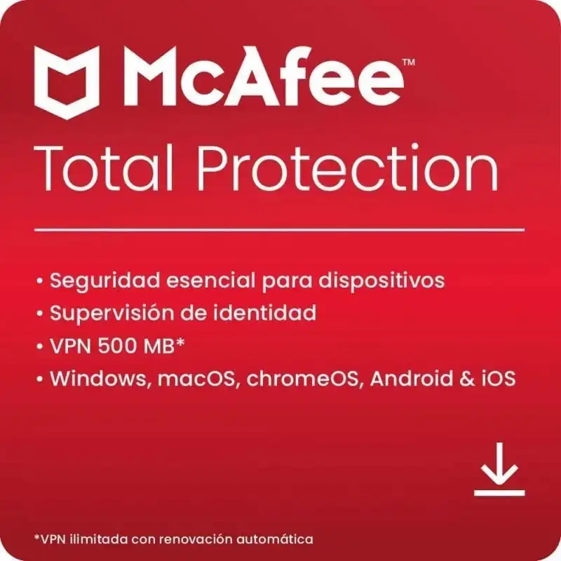 McAfee Total Protection 2024 1 Dispositivos 1 Año PC/Mac/iOS/Android Descarga Digital