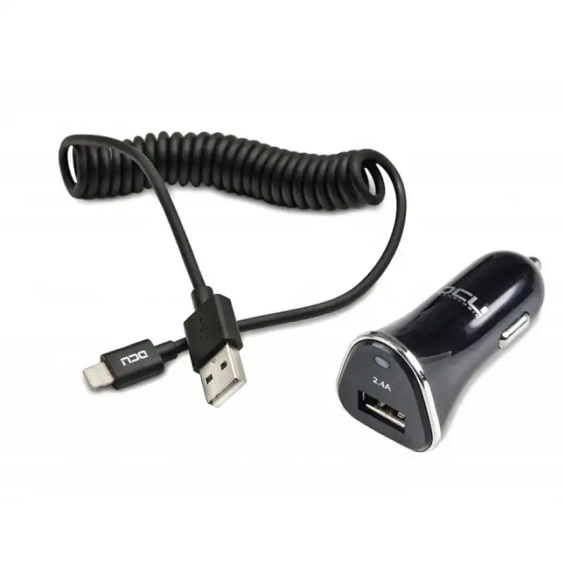 DCU Tecnologic Pack Cargador Coche USB 2.4A + Cable Lightning Rizado 1.5m