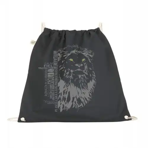 Animal totem mochila algodón orgánico león negra unisex