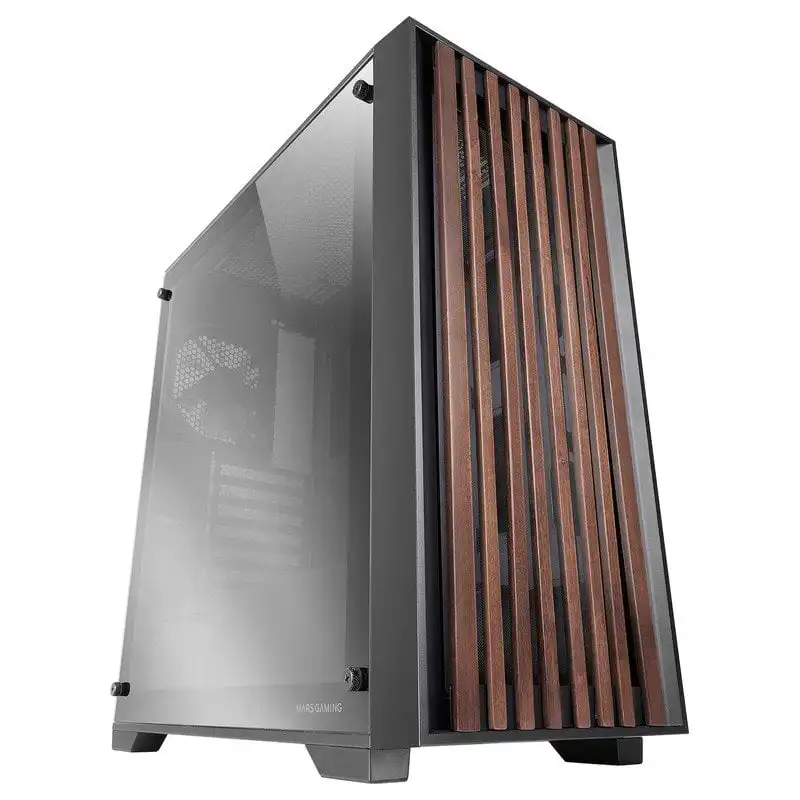 Mars Gaming MC-WOOD Caja PC ATX Panel Frontal de Madera Cristal Cromado Ventilador FDB 12cm Negra