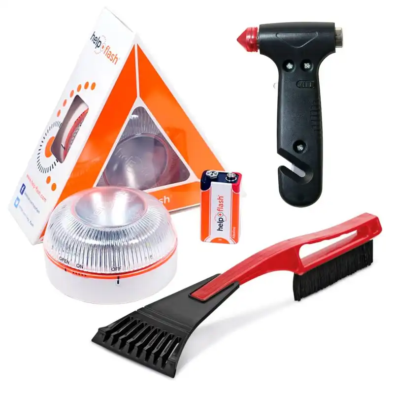 Help Flash Pack Dispositivo de Señalización V16 Homologado DGT + Martillo de Emergencia + Rascador de Hielo para Parabrisas