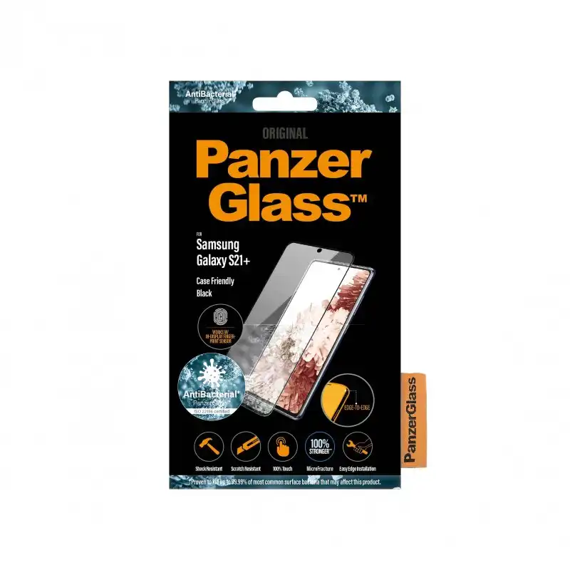 PanzerGlass Protector de Pantalla de Cristal Templado Antibacteriano con Lector de Huella para Samsung Galaxy S21 Plus