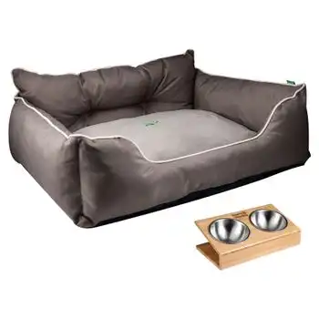 Cama Para Mascota 90x70x28cm Marrón + Comedero Doble De Acero En Bambú