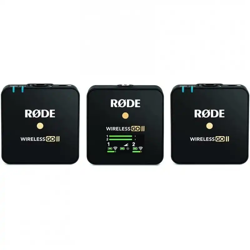 Rode Wireless Go II Transmisor Doble Sistema de Micrófono Inalámbrico Dos Canales con Micrófono Incorporado