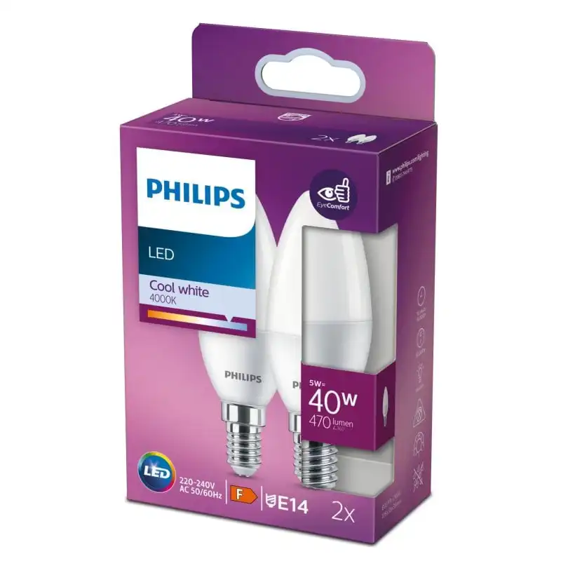 Philips Pack 2 Bombilla Vela LED E14 4.9W Blanco Frío