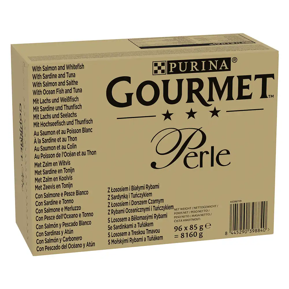 Gourmet Perle en sobres 96 x 85 g - Salmón y pescado blanco, sardina y atún, salmón y abadejo, pez marino y atún