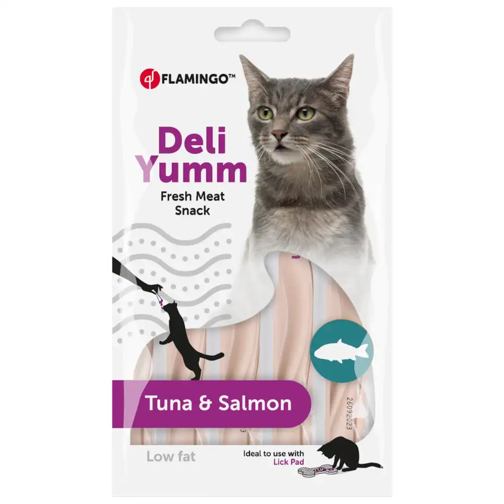 Pasta Flamingo Deli Yumm para gatos - con pollo y salmón (5 x 14 g) - Flamingo - Comparador de precios