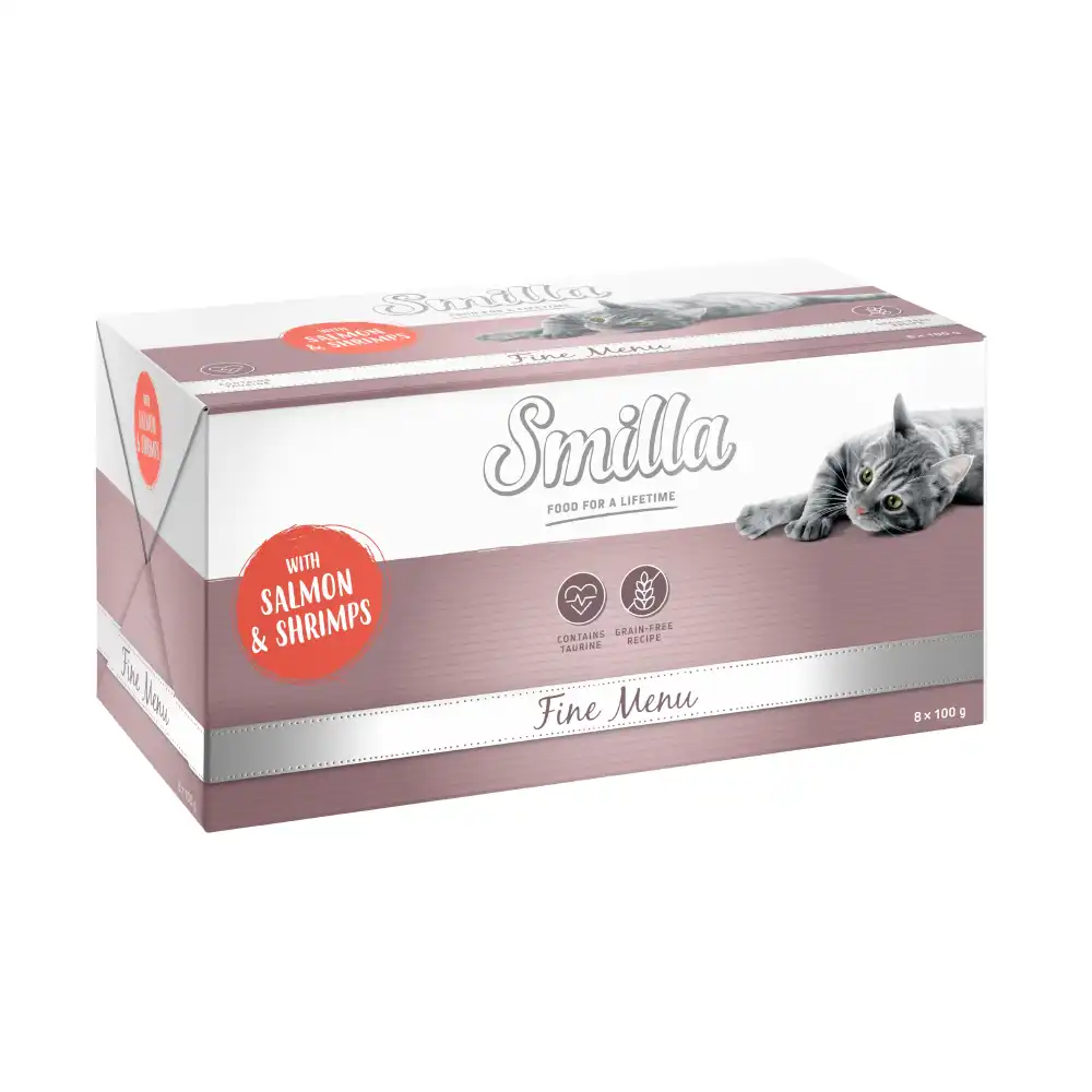 Smilla Fine Menu 8 x 100 g comida húmeda para gatos ¡con gran descuento! - Salmón y gambas