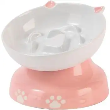 Y Yhy Comedero Lento Para Perros Y Gatos, Cuenco Elevado Inclinado Para Gatos, Rosa Y Blanco