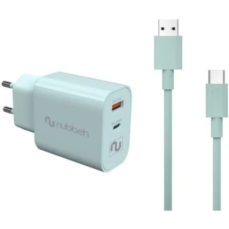Nubbeh Cargador Pared Bhoot USB + USB-C PD 3.0 30W + Cable USB a USB-C Silicona Líquida 60W Turquesa
