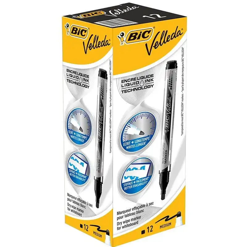 Bic Velleda Caja 12 Rotuladores Punta Redonda para Pizarra Negro