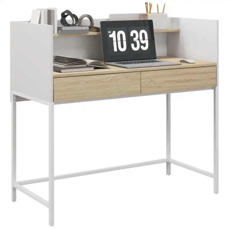 Homcom Escritorio Con 2 Cajones Y Estante 106x51,5x102,5 Cm Blanco Y Roble