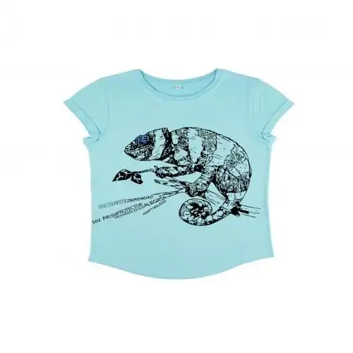 Animal totem camiseta manga corta algodón orgánico camaleón turquesa para mujer