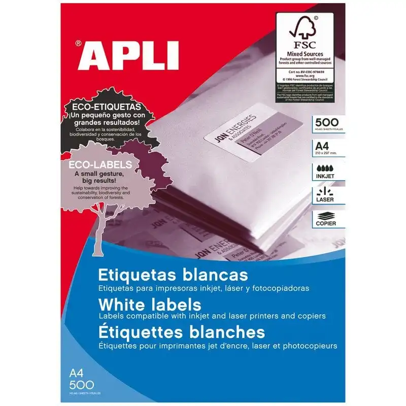 Apli Etiquetas Adhesivas A4 Blanco 500 Unidades