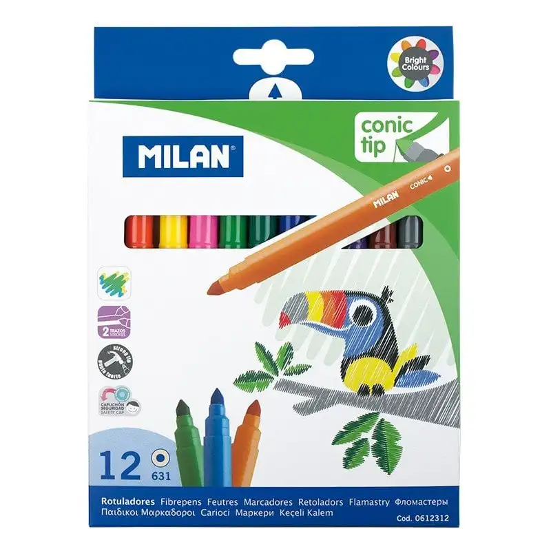 Milan Caja 12 Rotuladores Punta Cónica 5mm Colores Surtidos