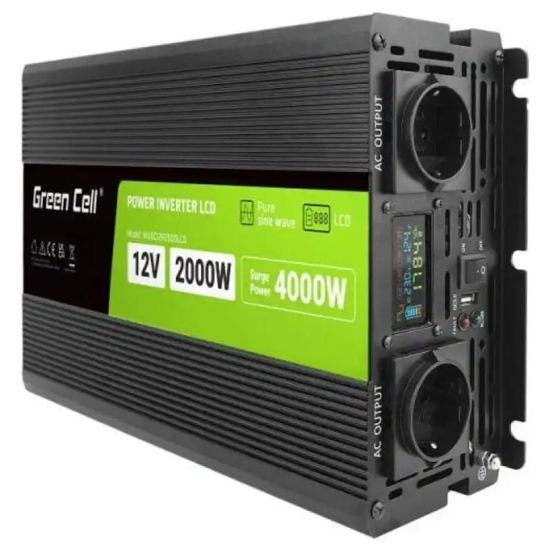 Green Cell Powerinverter Inversor de Coche con Pantalla LCD 12V/2000W Negro