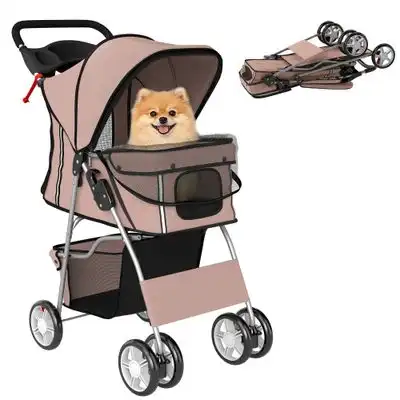 PawHut Carrito para Perros Plegable, Cochecito para Perros Pequeños con Cesta de Almacenaje, Ventanas de Malla, Portavasos, Ruedas de EVA y Frenos, Cojín Lavable, hasta 10 kg, 77x44x102 cm, Café - 77x44x102 cm - PawHut - Comparador de precios