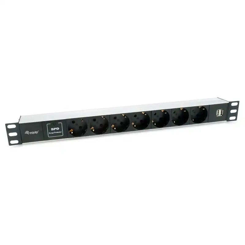 Equip Regleta Alimentación Rack 19" 1U 7x Schuko + 2x USB Aluminio Negra